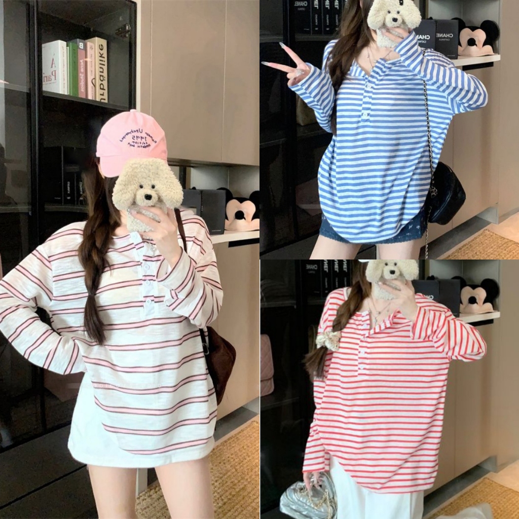 เสื้อแขนยาวผู้หญิง เสื้อลายทาง มี4สี สีสดใส ลุคซัมเมอร์ สไตล์สาวหวาน กันแดดได้#2412