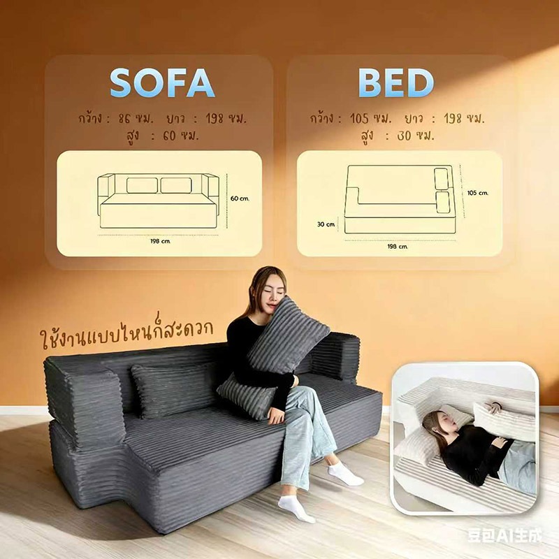 โซฟาผ้า โซฟาเตียงนอน สามารถปรับนอนได้ 6 ฟุต นั่งหรือนอนสบาย แถมหมอน 2 ใบ  Sofa bed รูปที่ 2