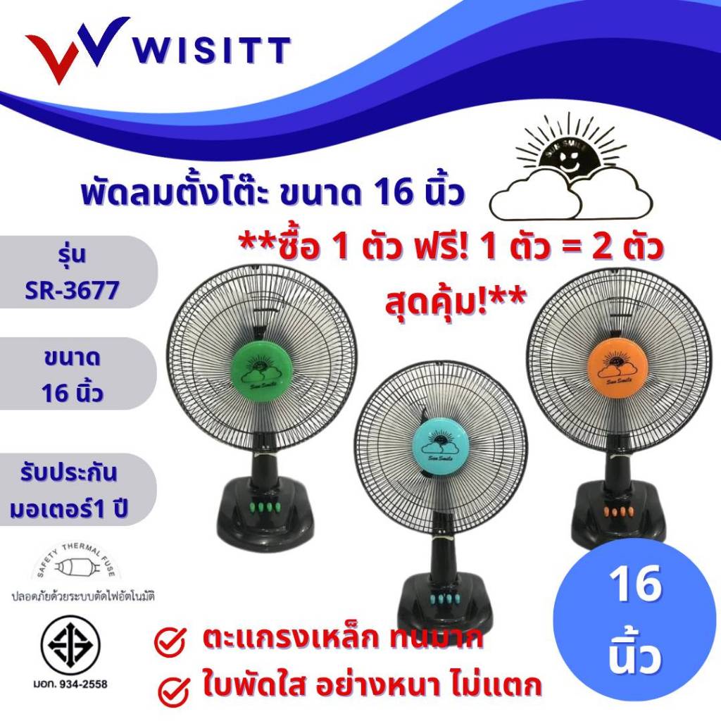 (ซื้อ1 ฟรี1=2ตัว)**รุ่นใหม่** ใบพัดใส Sun smile พัดลมตั้งโต๊ะ 16 นิ้ว รุ่น SR-3677
