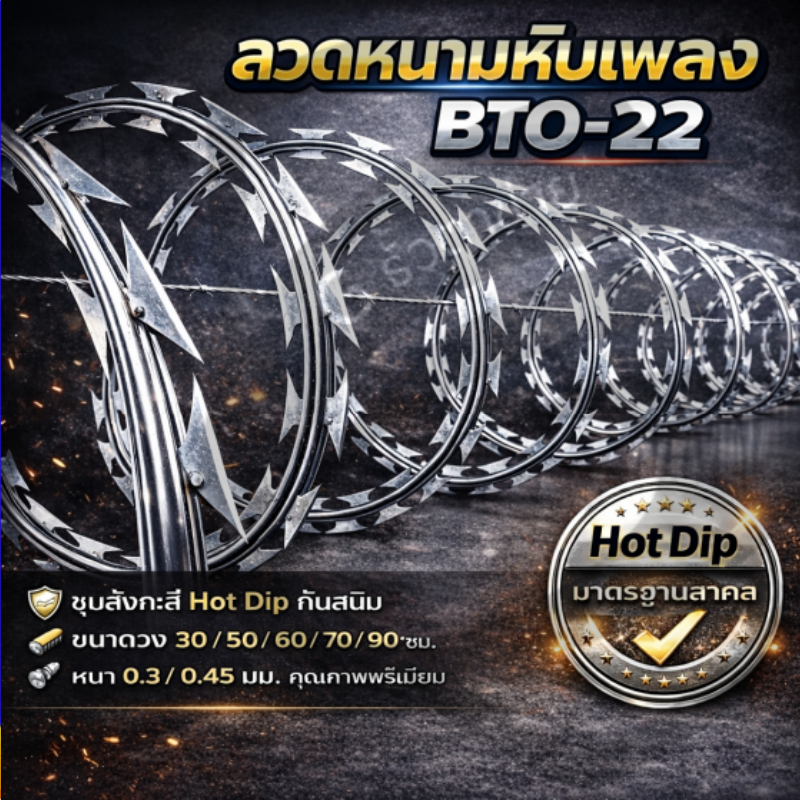 ลวดหนามหีบเพลง BTO-22 ชุบสังกะสี กันสนิม ยาว10m วง30/50/60/70/90cm หนา0.3/0.45mm ใช้รั้วโรงงาน