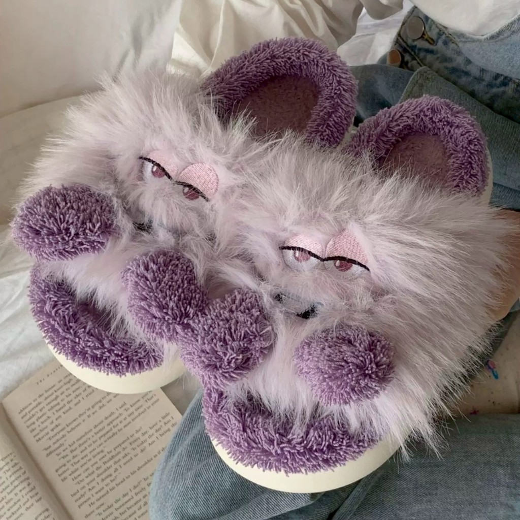 💜 Slipper Fluffy Purple Monster รองเท้าสลิปเปอร์ ใส่ในบ้าน มอนสเตอร์ สีม่วงขนฟู นุ่มน่ารัก 49101