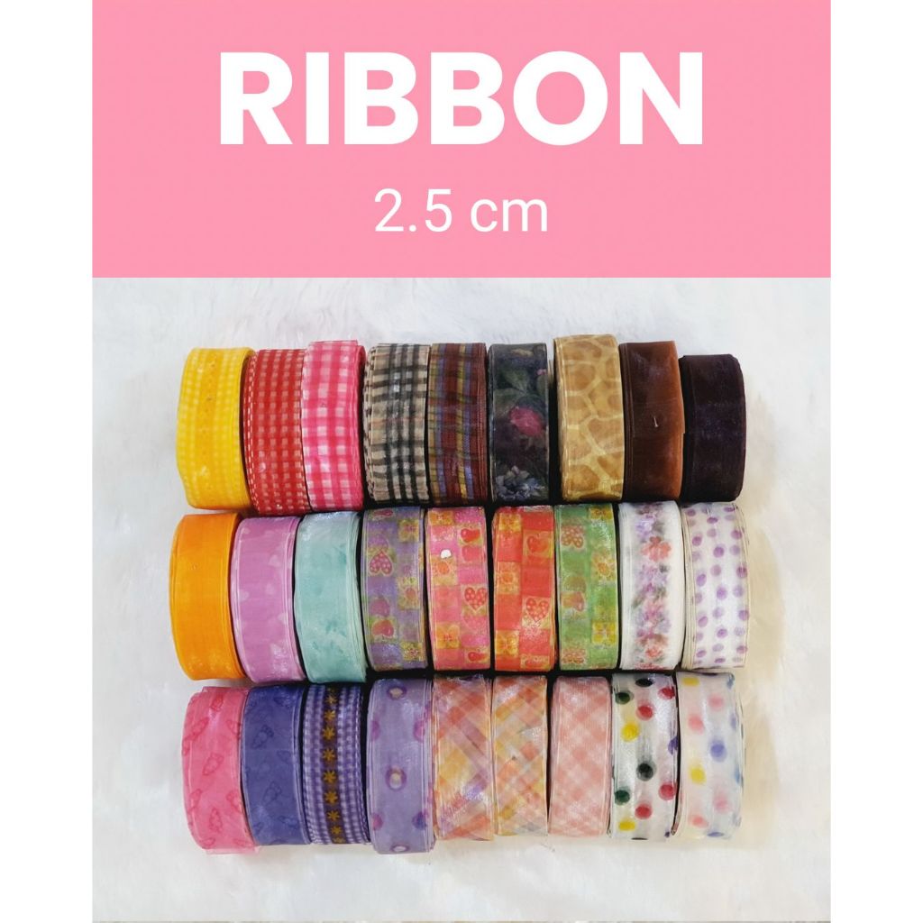 ริบบิ้นพิมพ์ลาย จากเกาหลี ริบบิ้นผ้าโปร่ง ริบบิ้นผ้าแก้ว หน้ากว้าง 2.5cm DIY(ราคายาวต่อหลา) ผูกช่อดอกไม้ ผูกของขวัญ