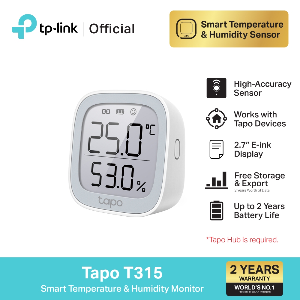 TP-Link Tapo T315 เครื่องวัดอุณหภูมิและความชื้นอัจฉริยะ จอใหญ่ E-ink 2.7 นิ้ว Smart Temperature & Humidity Monitor