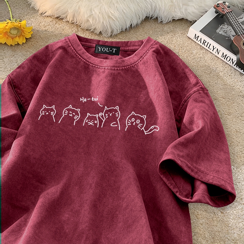 Top.street เสื้อยืด oversize เสื้อฟอกดำ แฟชั่น แนวสตรีท สไตล์เกาหลี ผู้ชายและผู้หญิง tshirt cotton100% 'cat' 🔥3xl