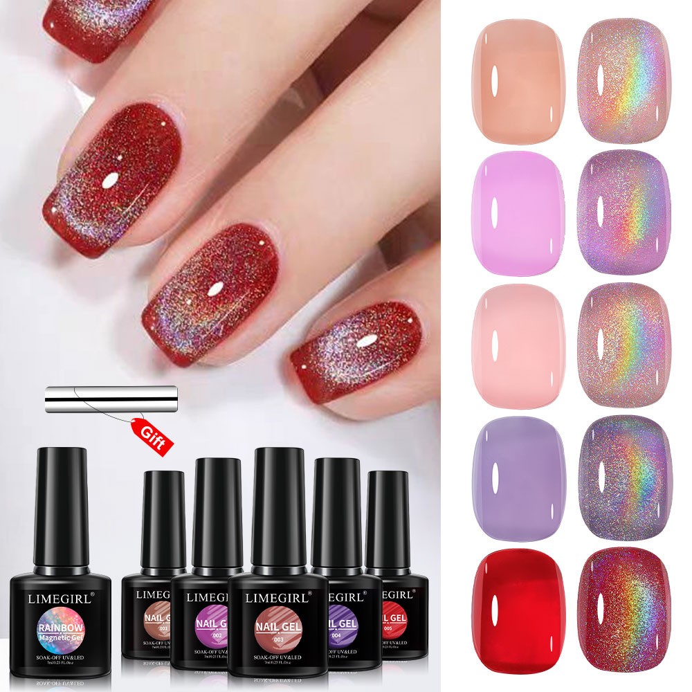 7 Pcs Rainbow Cat Eye Magnetic Gel UV LED Glitter Nail Gel Colorful Reflective Gel Polish Nail Art