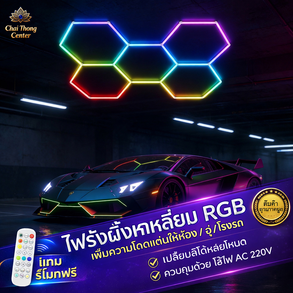 ปรับโหมดได้ 363 สี มาพร้อมรีโมทคอนโทรล ไฟ LED ทรงรังผึ้งหกเหลี่ยม เหมาะสำหรับโรงรถ/โรงยิม/ห้องเล่นเกม ให้แสงที่สวยงามและ