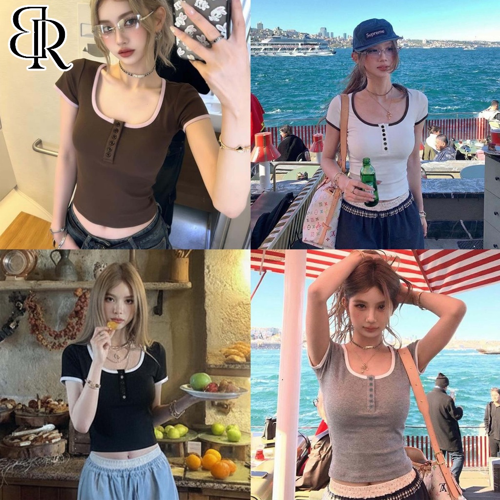 B&R พร้อมส่ง เสื้อครอปเข้ารูปสำหรับผู้หญิง เสื้อยืดแขนสั้นคอเหลี่ยมสไตล์เรโทรแบบสีตัดกัน สาวเซ็กซี่สุดปัง