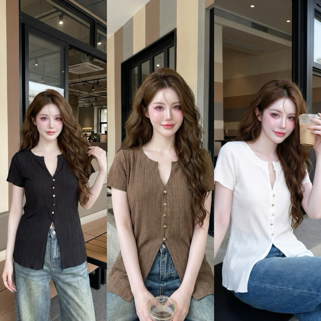 GLORY-V Top เสื้อแขนสั้น ดีเทลกระดุมสีโรสโกลด์ ออร่า