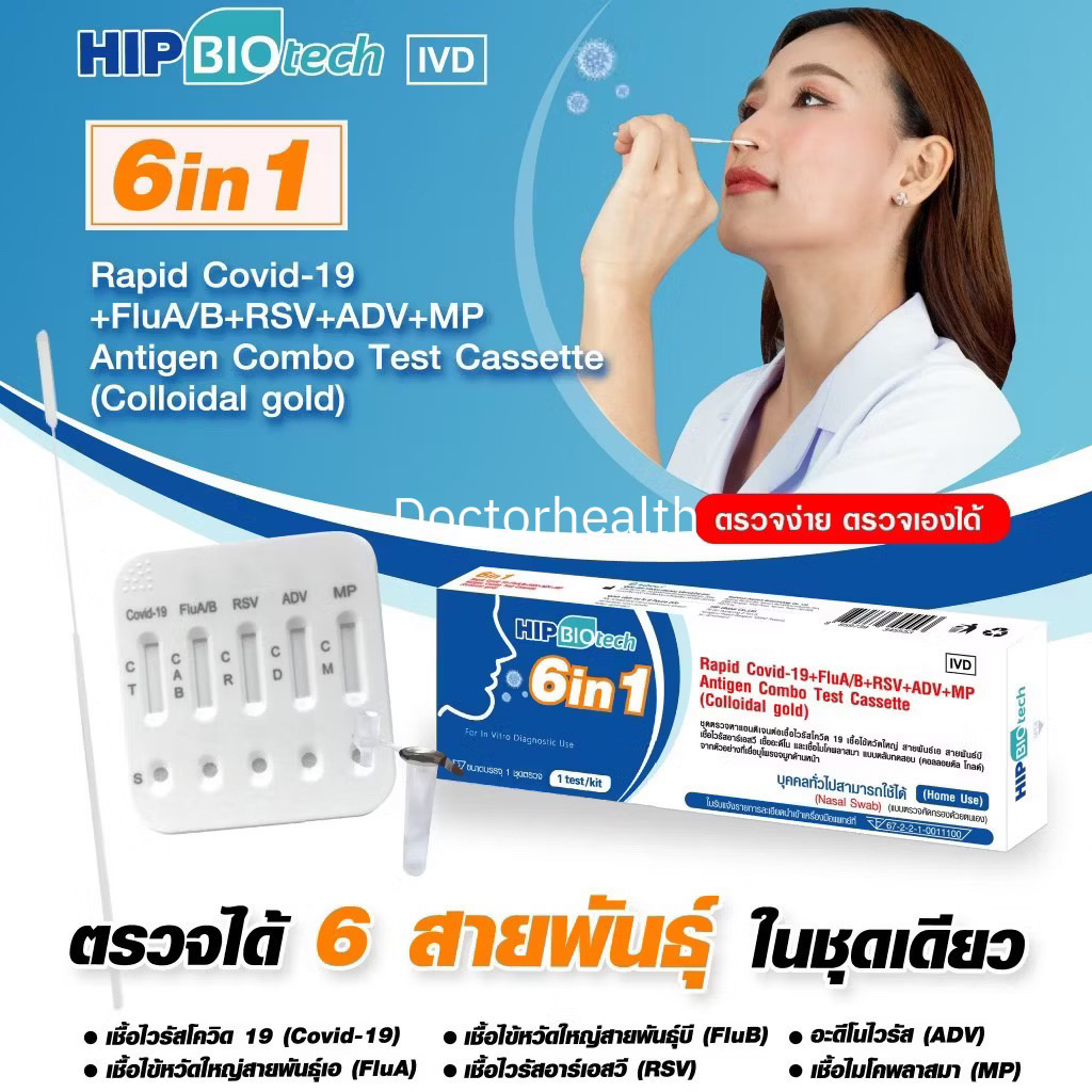 HIP 6in1 Covid+หวัดใหญ่A/B+RSV+อะดีโนADV+MP กล่อง 1 ชุดตรวจ HIP Flu Adeno ไมโครพลาสมาmycoplasma