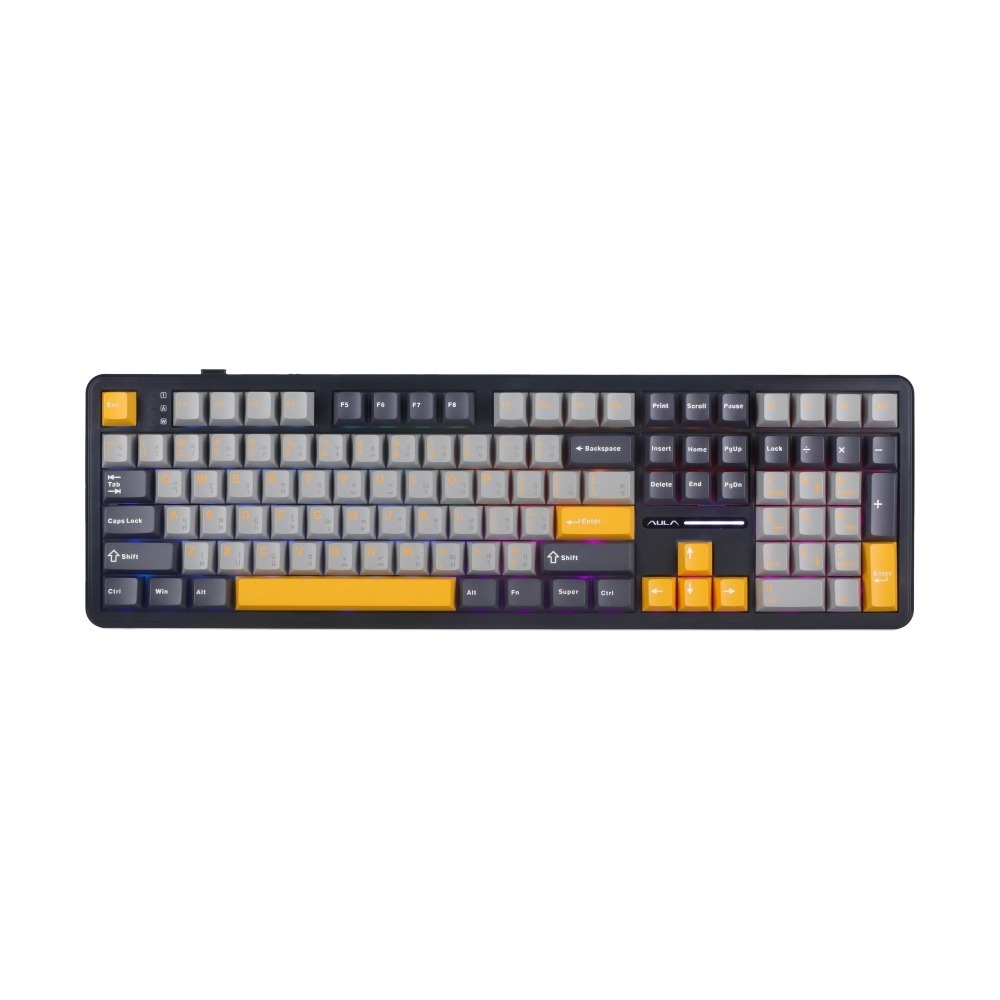 KEYBOARD WIRELESS BLUETOOTH AULA F108 DRAK GREY/LIGHTGREY/YELLOW (PINK SWITCH คีย์บอร์ด)