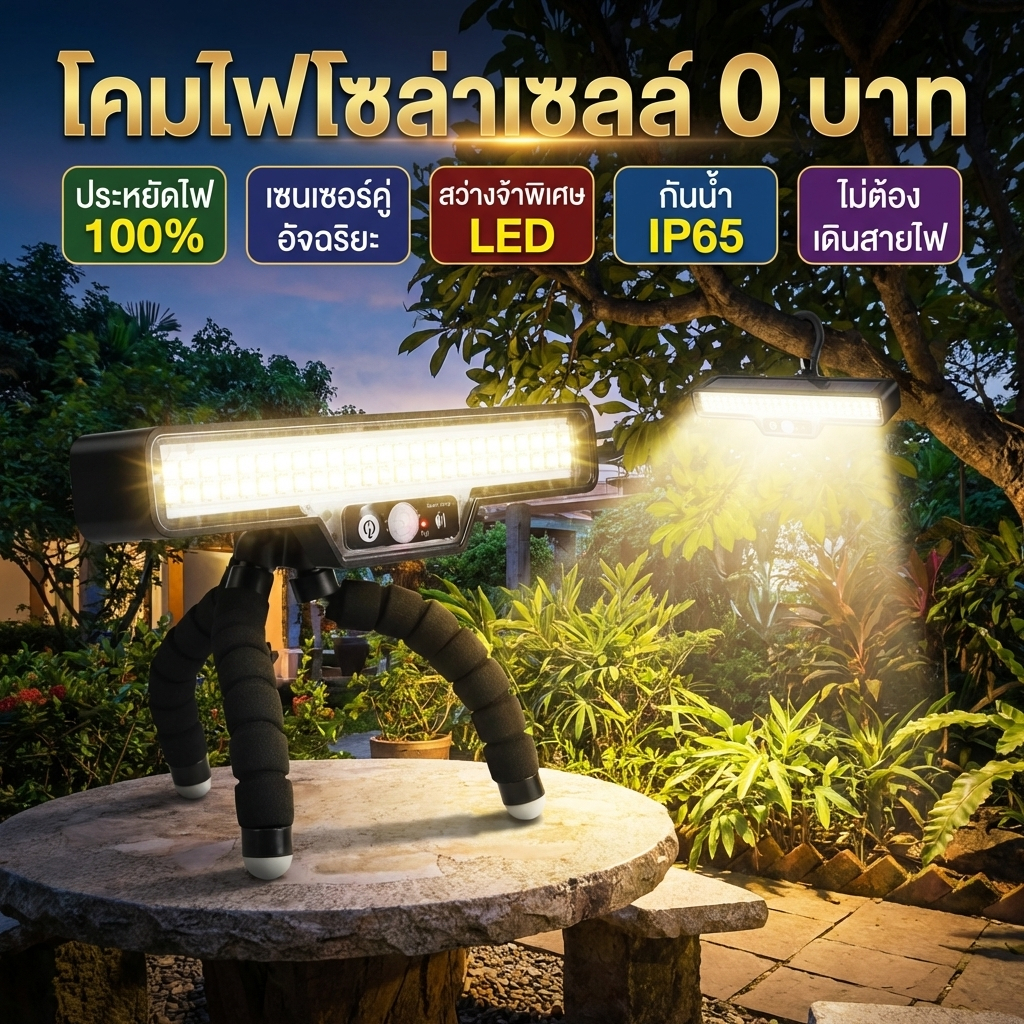 ไฟโซล่าเซลล์ LED สว่างสูง อเนกประสงค์ ขาตั้ง8ขา ยืดหยุ่น เซ็นเซอร์เคลื่อนไหว IP65 กันน้ำ
