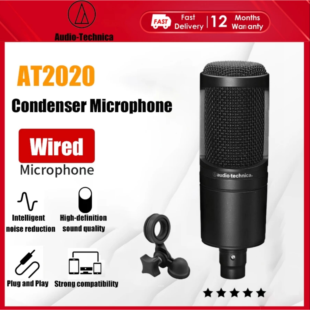 Audio-technica AT2020 ไมโครโฟนคอนเดนเซอร์สำหรับไลฟ์สดและร้องเพลง