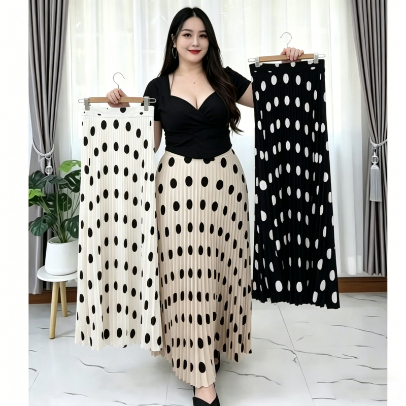 GHAOHES 🍒Polkadots เดรสลายจุดยาวเอวสูง ดีเทลจีบสามสี สไตล์เกาหลี น่ารักหวานแหวว#2050