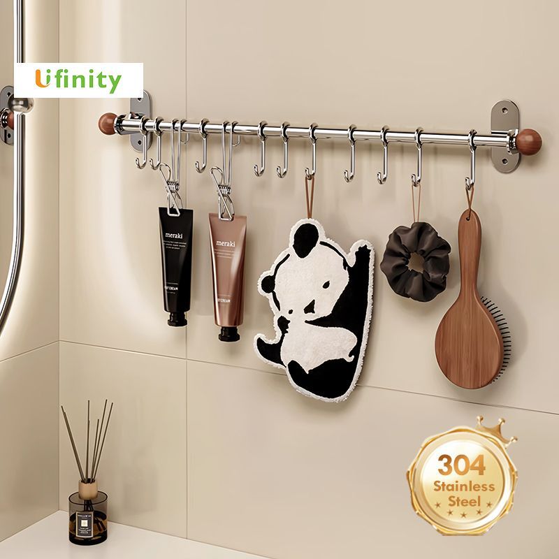 Lifinity ราวแขวนผ้าเช็ดตัวติดผนังพร้อมตะขอปรับระดับได้ ติดตั้งง่าย ไม่ต้องเจาะรู ทำจากสแตนเลส สำหรับจัดระเบียบห้องน้ำ