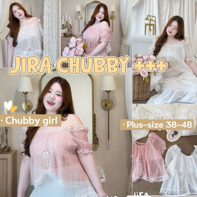 (ส่วนลดโปรเปิดร้าน+ส่งฟรีโค้ดคุ้ม✅) เสื้อเปิดไหล่ งานผ้าโรซี่พิมพ์ลายจุด แขนตุ๊กตา แต่งลูกไม้(38-48)
