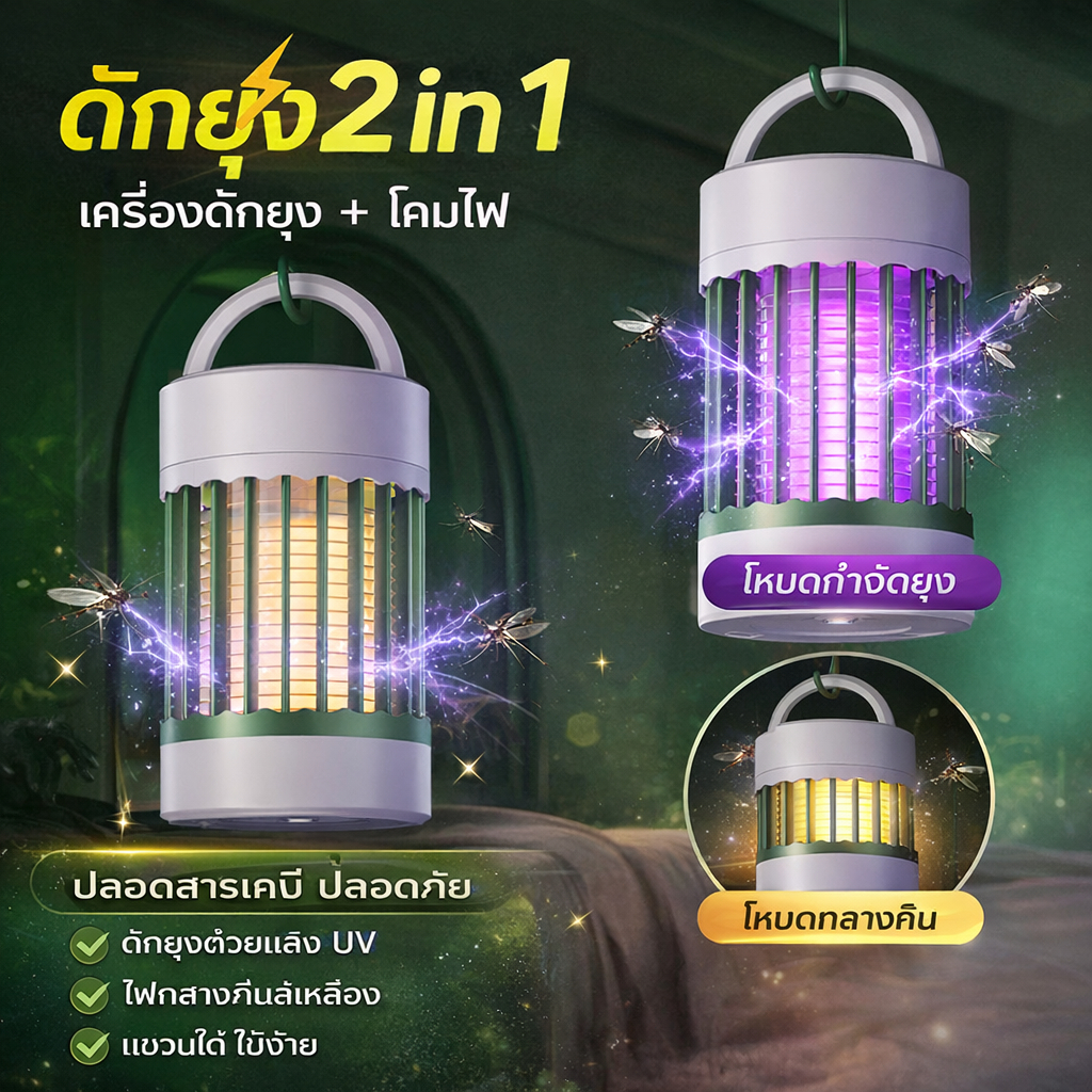 เครื่องดักยุง 2in1 + โคมไฟ LED ชาร์จ USB ได้ ปลอดสารเคมี ใช้งานกลางคืน พกพาสะดวก ไฟล่อแมลง