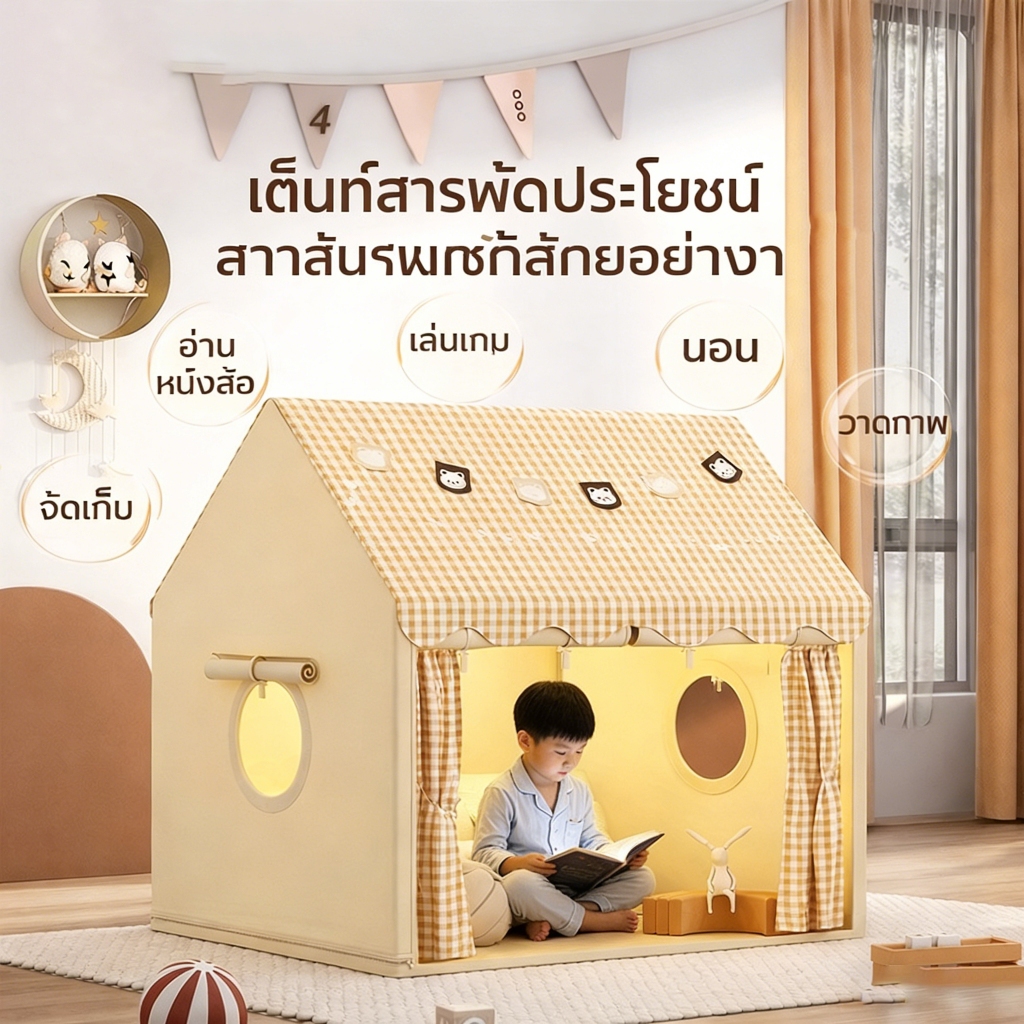 Children Play House เต็นท์บ้านเด็ก มีไฟตกแต่ง ส่งจากกรุงเทพ Foldable Kids Tent เต็นท์เด็กสีเบจ ใช้งานยาวนาน