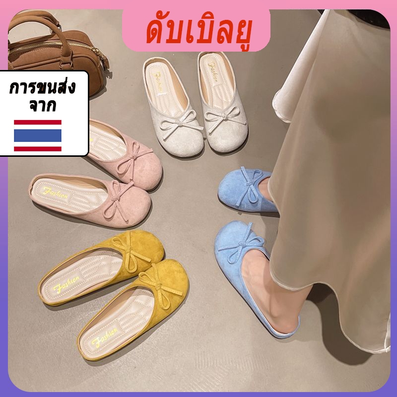 รองเท้าผู้หญิงไซส์ใหญ่แบบพื้นราบ มีปลายเท้าปกปิดและโบว์ สไตล์ลำลองหรู เหมาะสำหรับนักเรียน
