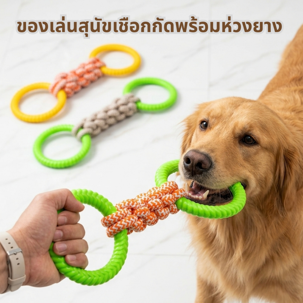 ของเล่นสุนัข เชือกถักพร้อมห่วงยางกัดขัดฟัน (Dog Rope Chew Toy) ของเล่นขัดฟัน ลดหินปูน ทนทาน ปลอดภัย