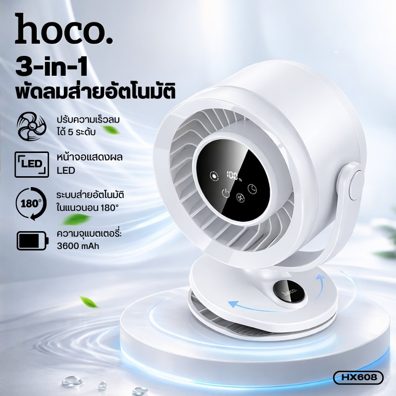พัดลม พัดลมพกพา HOCO HX608 3in1 หนีบ-ตั้งโต๊ะ-แขวน ส่ายออโต้ เสียงเงียบ ปรับลมได้ 5 ระดับ แบตอึด หน้