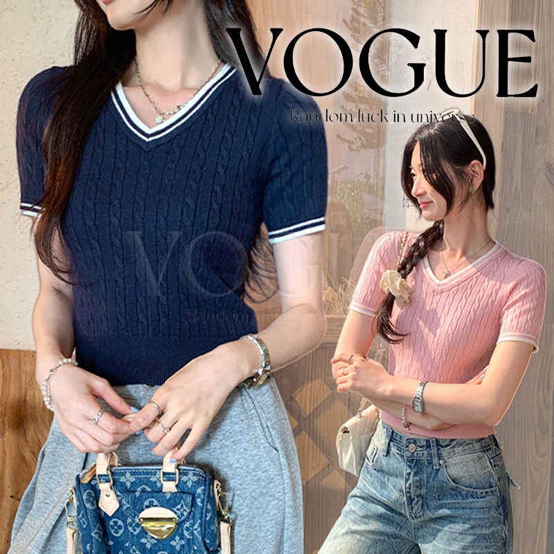 Vogue🌟พร้อมส่ง🌟 เสื้อแขนสั้นไหมพรม ถักเปียคอวี ผ้ายืดนุ่มเข้ารูป สไตล์สาวเกา (C103)