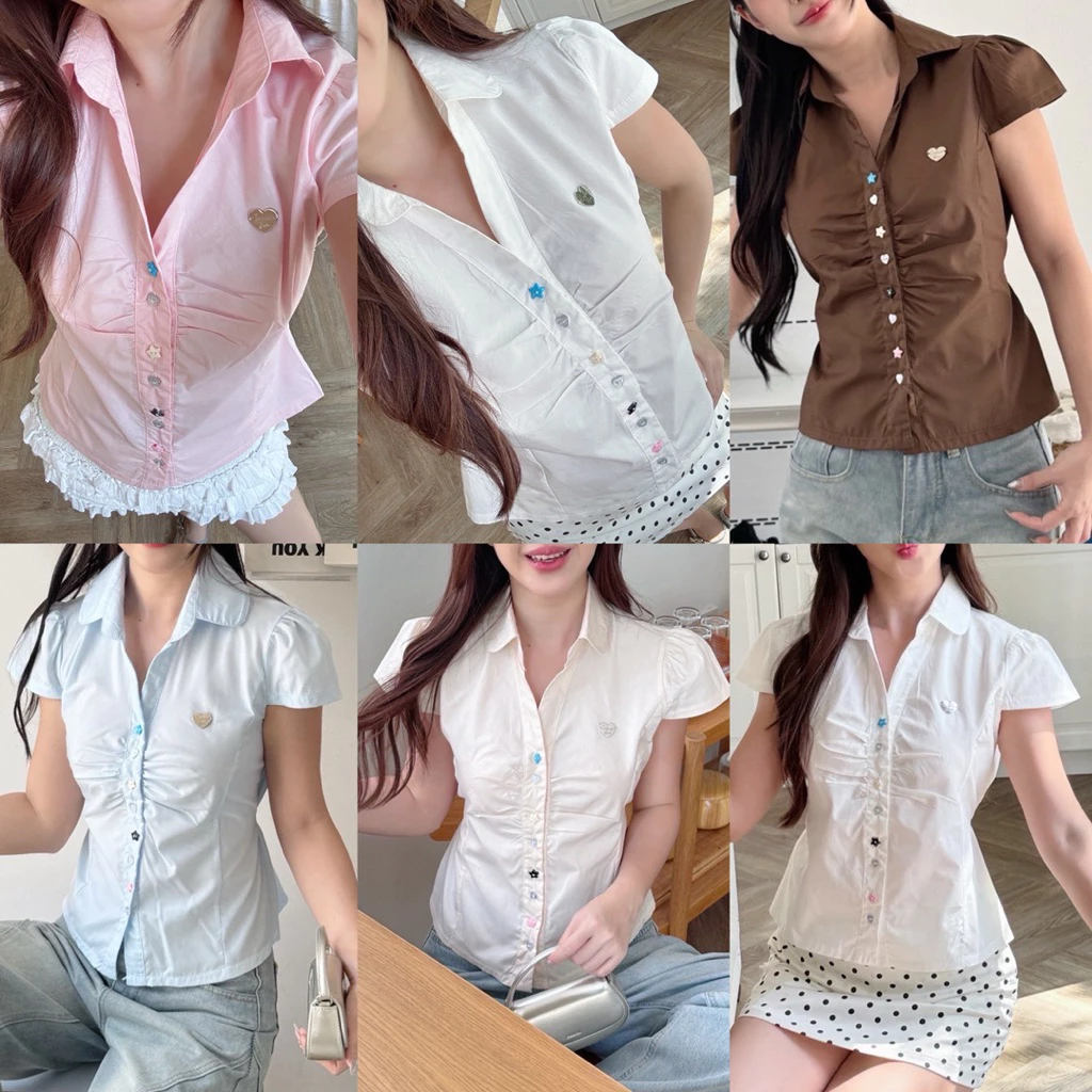 🌟Mamildya.shop🌟 เสื้อเชิ้ตครอปแขนสั้นผ้าคอตตอนสีพื้น ชายระบาย/ F2-2/COOK-ดุมดาว⚫