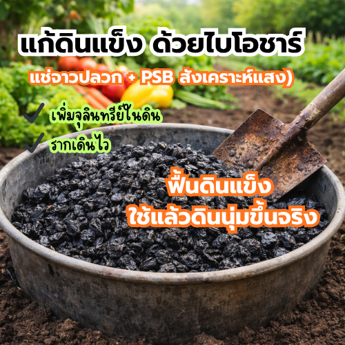 ถ่านไบโอชาร์ฟื้นดินแข็ง ดินร่วนโปร่ง  ปลูกผักงาม (ชาร์จจุลินทรีย์จาวปลวก+สังเคราะห์แสงพร้อมใช้)