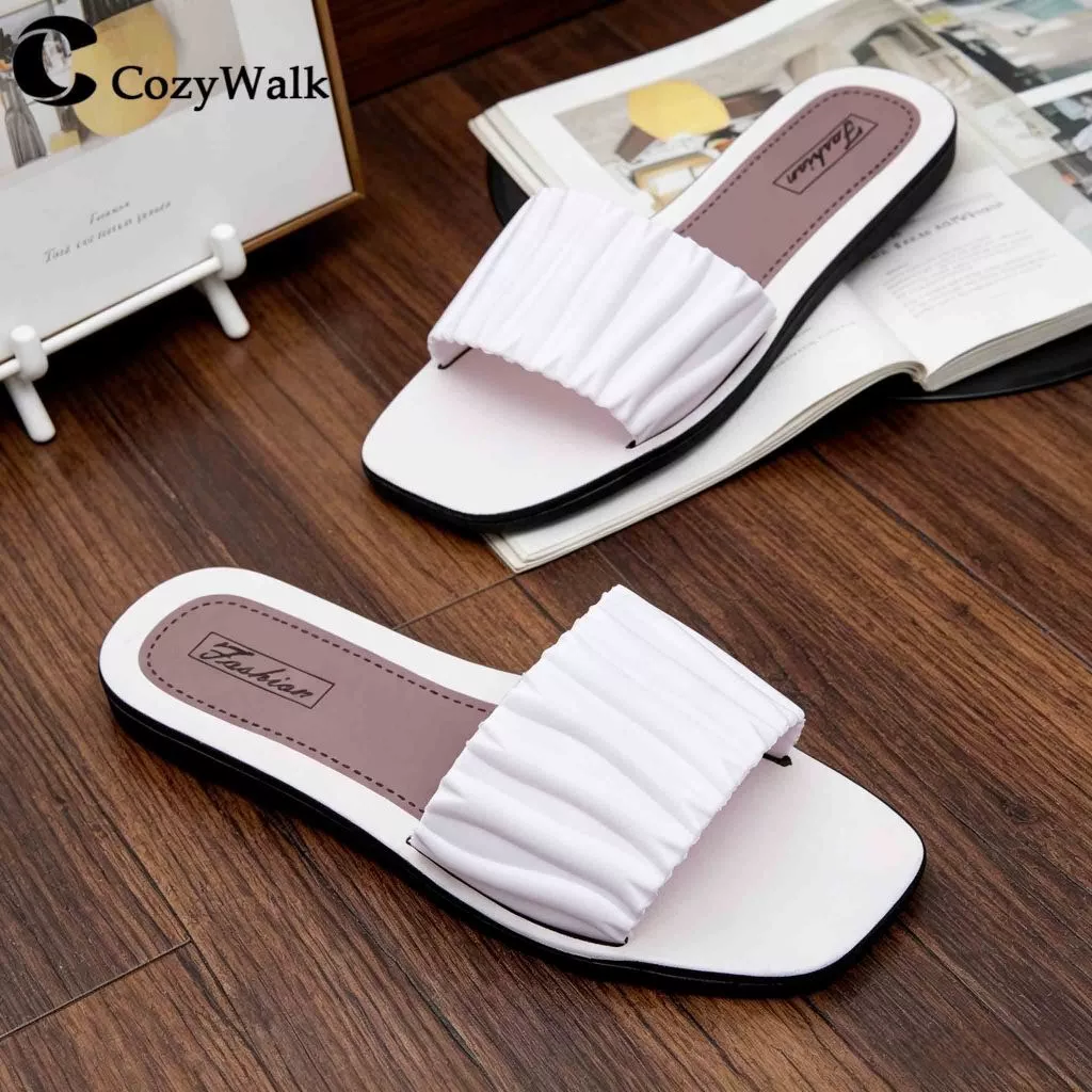 CozyWalk พร้อมส่งในไทย รองเท้าแตะผู้หญิงแบบสวม สายจับจีบ สีครีม พื้นนุ่ม กันลื่น สไตล์มินิมอล 👡