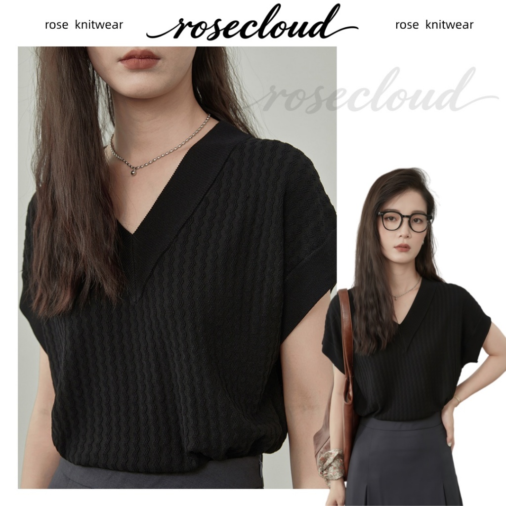 rosecloud สไตล์บางเบา ระบายอากาศได้ดี สำหรับฤดูร้อนเสื้อยืดผ้าไหมคอวีดีไซน์ใหม่ สไตล์เกาหลี เนื้อผ้านุ่มสบาย ทรง