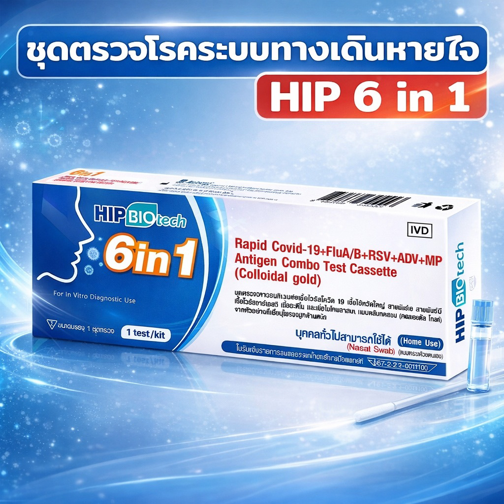 HIP 6in1 Covid+หวัดใหญ่A/B+RSV+อะดีโนADV+MP กล่อง 1 ชุดตรวจ ฮิป เอชไอพี Flu Adeno ไมโครพลาสมาmycoplasma