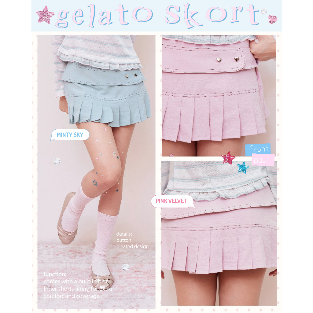 Just Kidding Goods - Gelato mini skort : Pink velvet & Minty Sky กระโปรงกางเกงหนังกลับรีดพลีทสีชมพูนมและสีฟ้ามิ้นท์