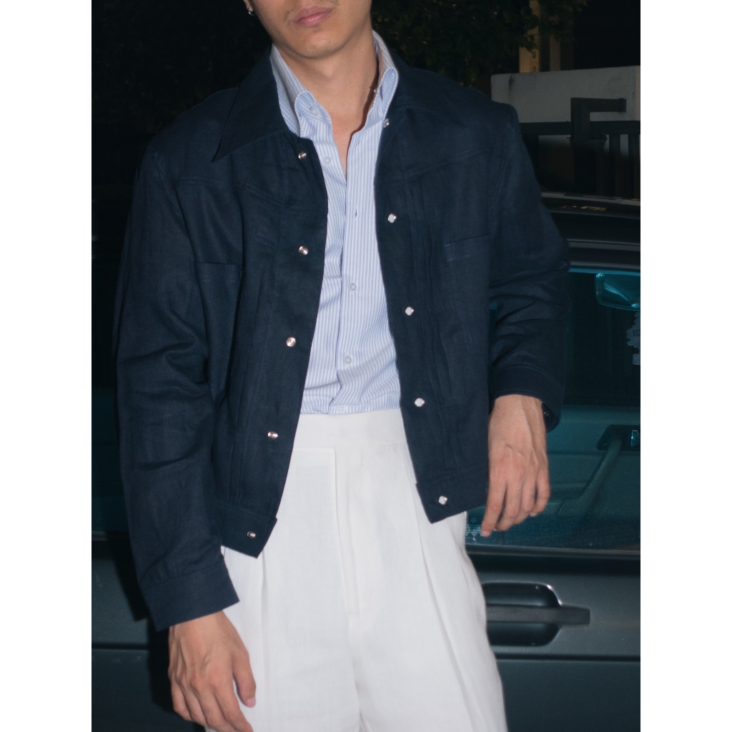 [J1LN-NAVY] Linen trucker jacket - แจ๊คเก๊ตลินินทรงครอป
