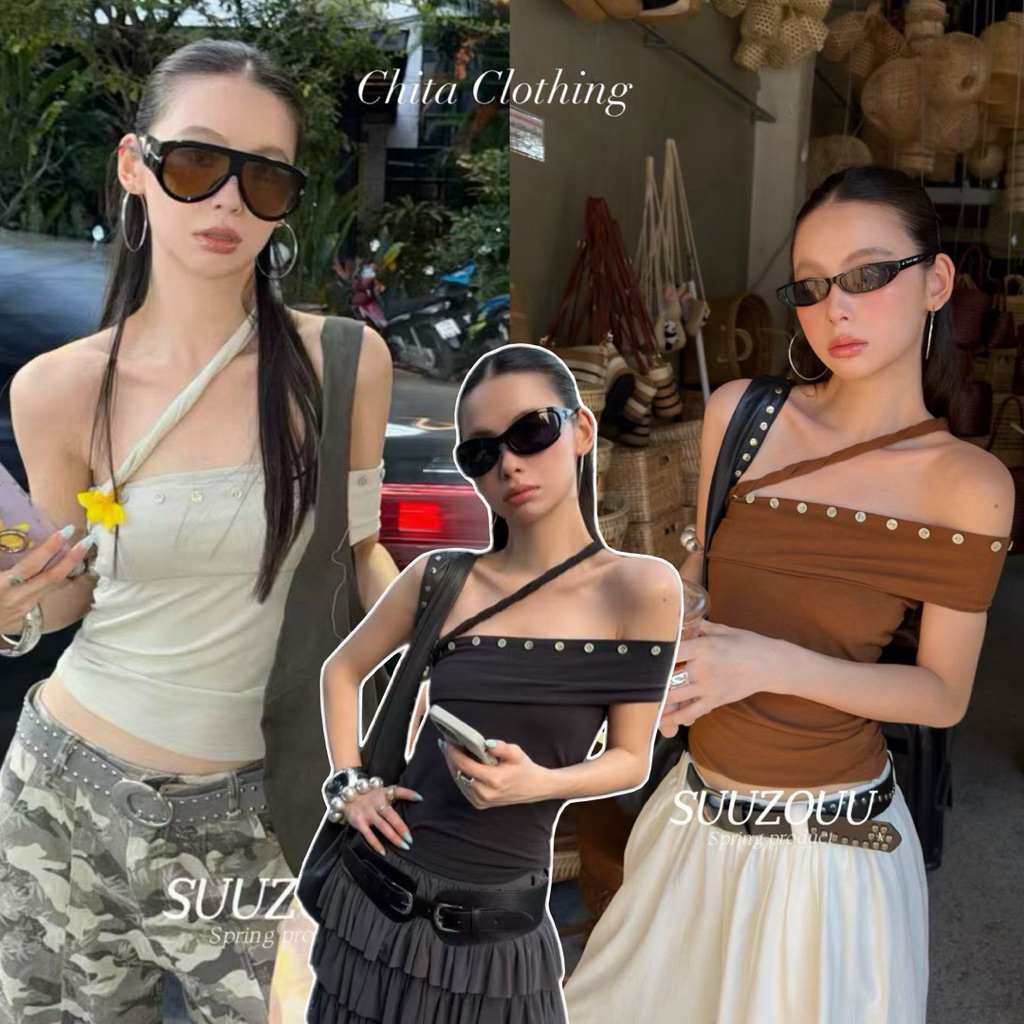 📍พร้อมส่ง📍SU125 26tเสื้อเกาะอกดีไซร์เก๋ แต่งกระดุม มีสายคล้องคอ งานทรงสวย ใส่แมทซ์ง่าย Tag MM Fish🇰🇷🇰🇷