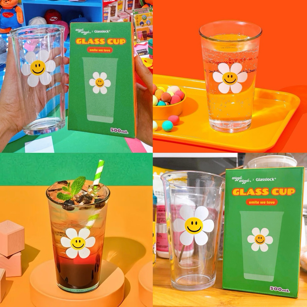 พร้อมส่ง🌼 แก้วน้ำ Wiggle Wiggle x Glasslock ของแท้ 💯 แก้วน่ารัก แก้วทรงสูง Smile We Love แก้วกาแฟ Home Cafe 71065