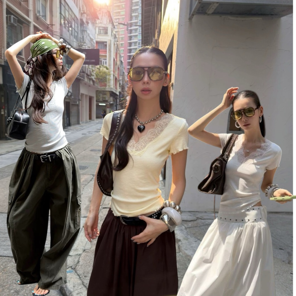 ส่งด่วน 🛵 26T189 MMFISH เสื้อยืดแขนสั้นคอวี แต่งผ้าลูกไม้ช่วงคอ ผ้าใส่สบาย