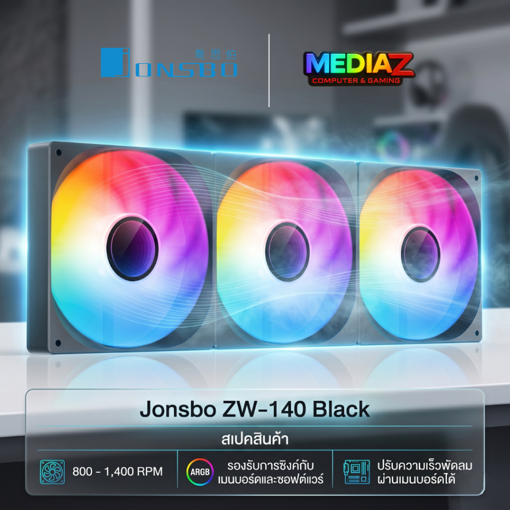 ส่งทันที Jonsbo ZW-140 Black พัดลมคอมพิวเตอร์ ARGB 4PIN PWM PC 140 มม.พัดลมระบายความร้อน black