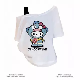 COD✅ เสื้อยืดแขนสั้นคอเอียง ดีไซน์ Fake Two-Piece ลายการ์ตูน ทรงหลวม ซ่อนหุ่นได้ สไตล์แคชชวล | ผู้หญิง ใส่ได