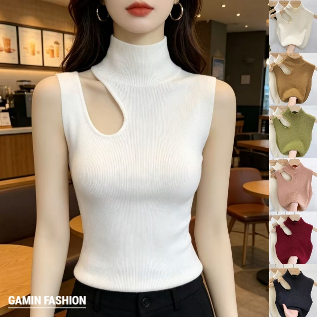 Gamin-0760 *มี 8 สี* เสื้อกล้ามไหมพรม แต่งเว้าตรงไหล่สุดเก๋ เสื้อครอปเว้าอก รุ่นใหม่ล่าสุด แมทช์ชุดง่ายได้ทุกลุค #2G058