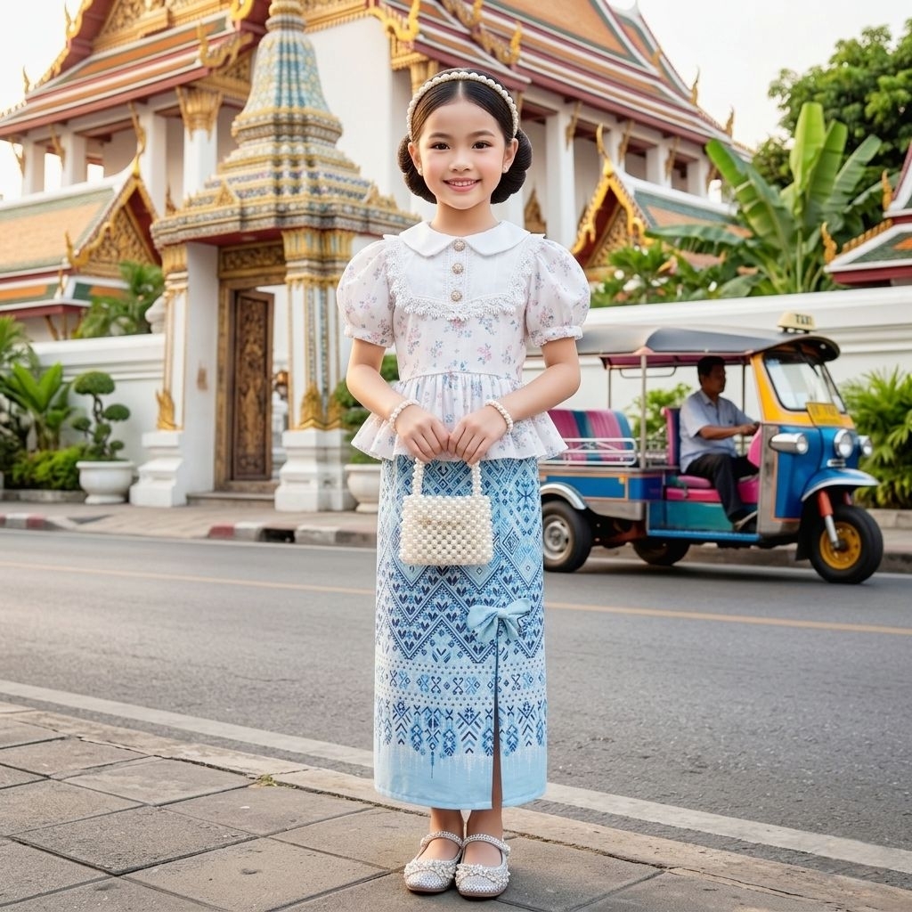 ชุดไทยเด็ก รุ่นเสื้อคอบัวแขนตุ๊กตาชายระบายผ้าโรซี่+ผ้าถุงยาวพิเศษผ่าหน้าแต่งโบว์