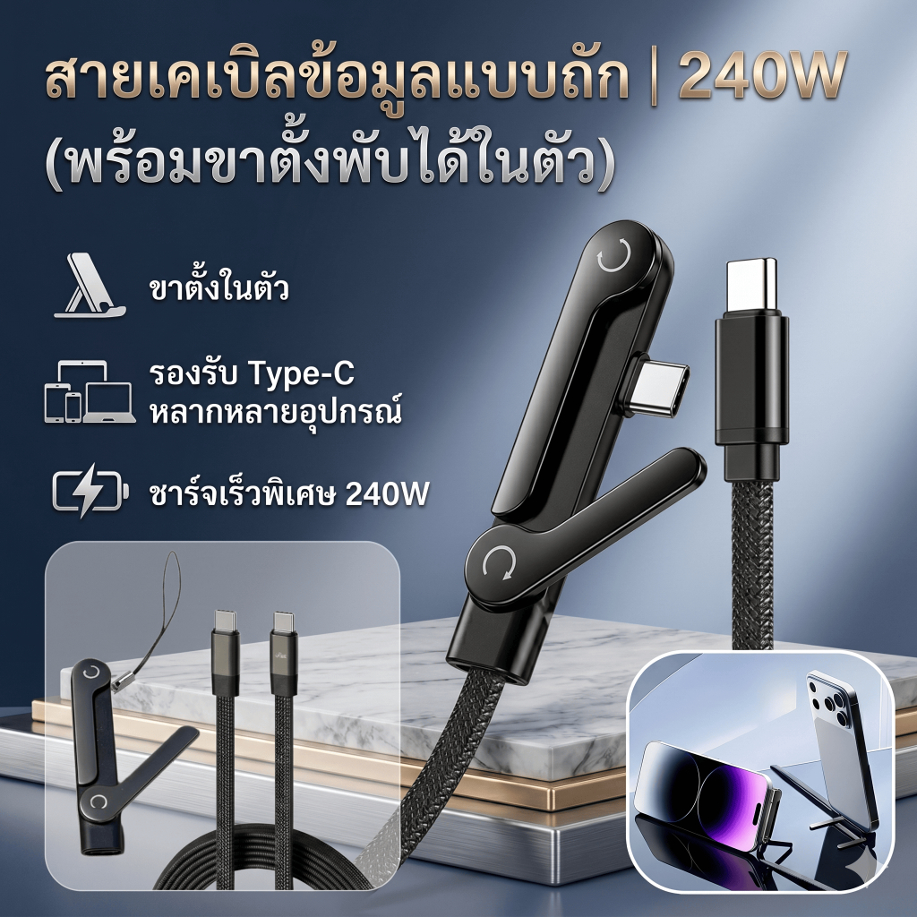 [ส่งจากไทย] สายชาร์จ 240W Type C to C สายถัก หัวงอ 90 องศา มีขาตั้งในตัว ชาร์จเร็ว PD สําหรับ แท็บเล็ต แล็ปท็อป โทรศัพท์
