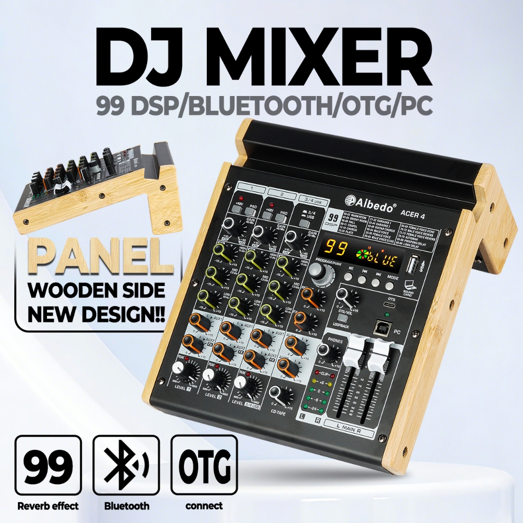 AIBEDO Audio Mixer ACER-4 มิกเซอร์ 4 แชนแนล,OTG Type-C,99DSP,การเชื่อมต่อกับพีซี,อีควอไลเซอร์ 3 แบนด์,2AUX,Bluetoot,USB