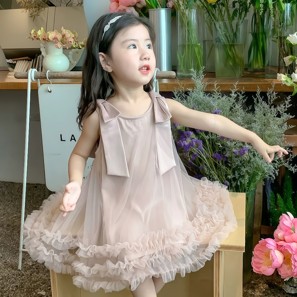 PRINCESS KESLI เดรสเด็กผู้หญิง ชุดเดรสแขนกุดเด็กผู้หญิง ตกแต่งโบว์ สำหรับไปงานวันเกิด/ปาร์ตี้ 1-9 ปี รูปที่ 2