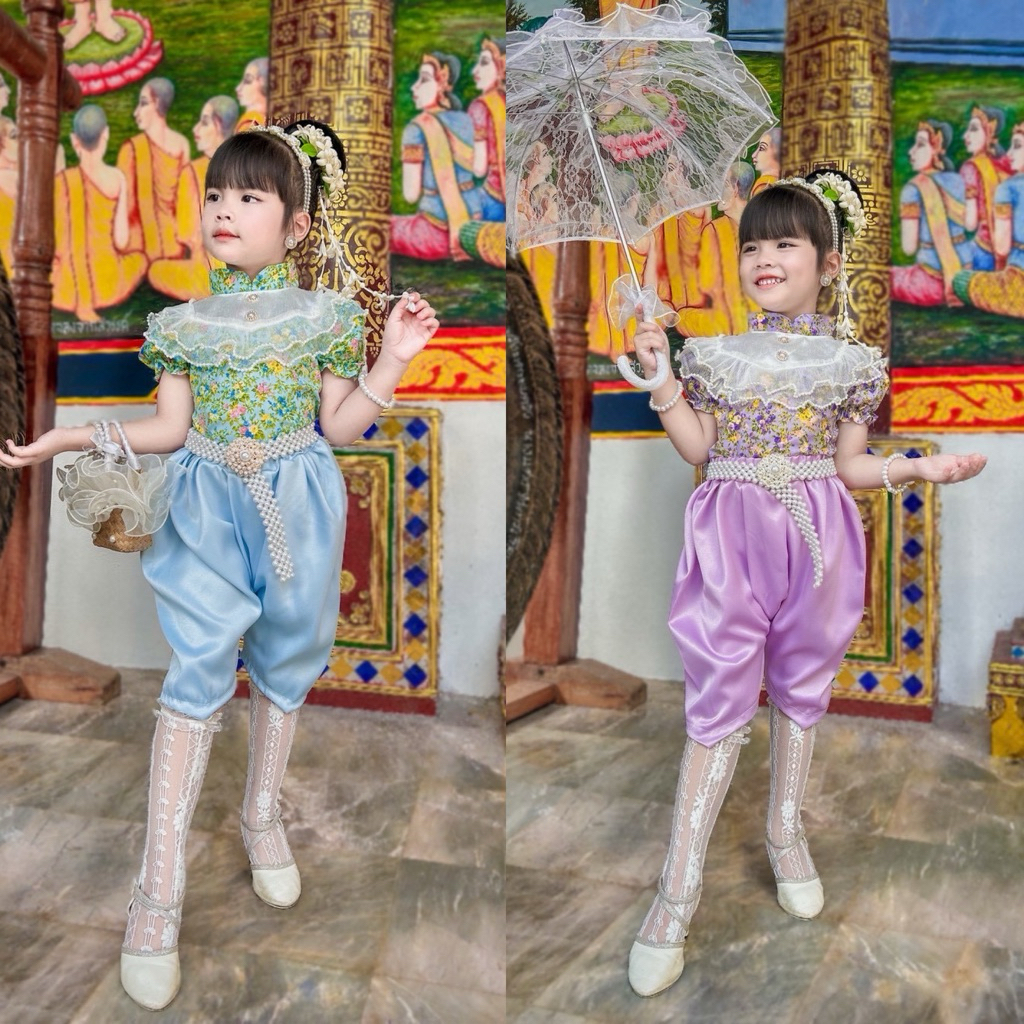 ชุดไทย🌸 พลอยมุก🌸ตกแต่งด้วยระบายอก น่ารักๆ❤️เซ็ต 👚เสื้อ+โจงกระเบน