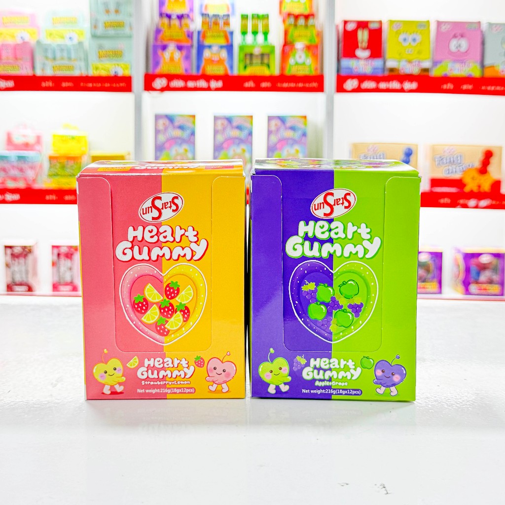 Heart Gummy หัวใจเคลือบน้ำตาล 2 รส Strawberry Lemon Grape Apple ขนมเจลลี่หนึบหนับ 1 กล่อง 12 ซอง