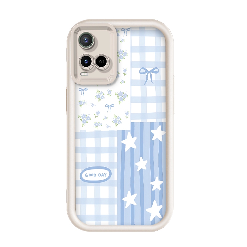 เข้ากันได้ Vivo Y21/Vivo Y21s,Kawaii Light Blue Bow ดอกไม้ดาวตารางกรณีโทรศัพท์ความงาม
