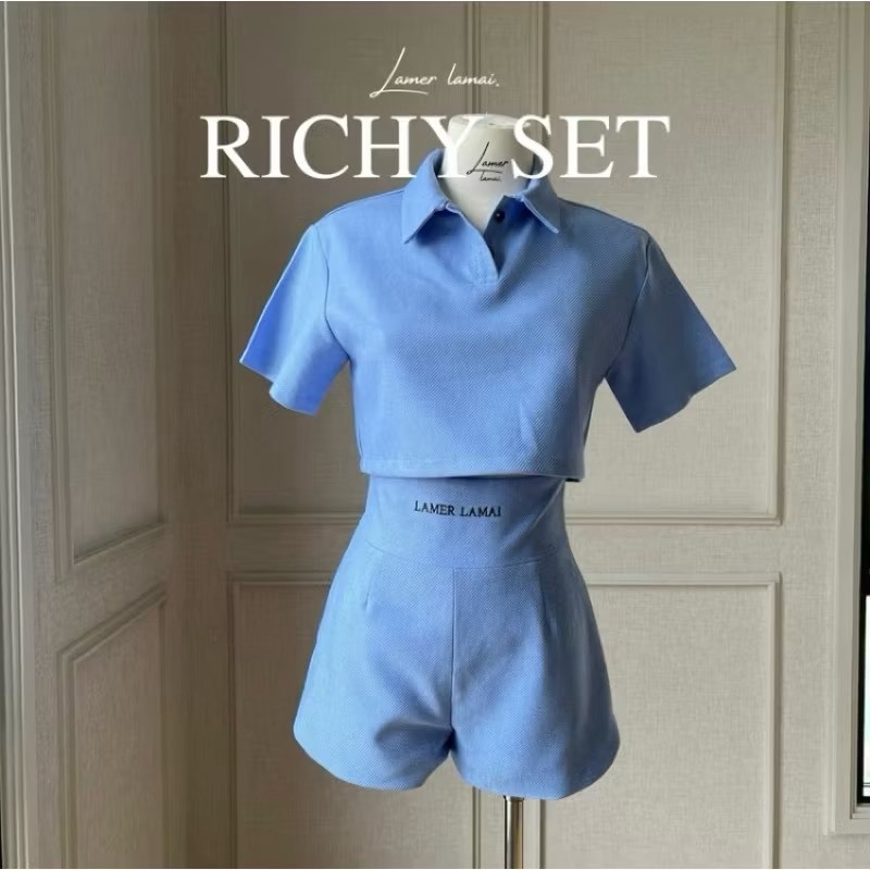 Richy Set ชุดเซตแฟชั่นเสื้อครอปโปโลคอปก+กางเกงเอวสูงทรงสปอร์ต ป้ายห้อยมือ1/มือ2 Size: S งานป้าย Lame lamai