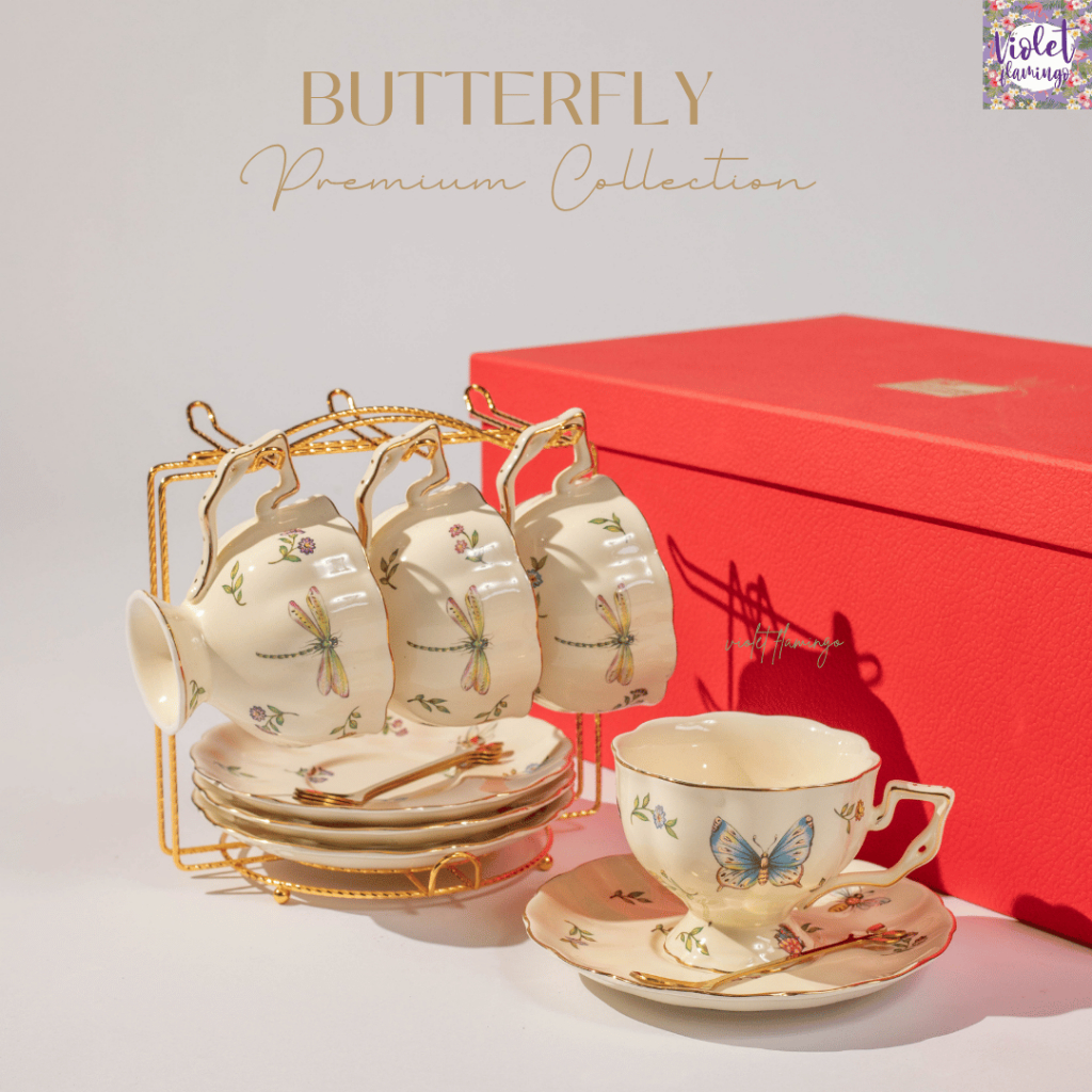 Violet Flamingo ชุดน้ำชาลายผีเสื้อ Butterfly Tea Set ชุดกาน้ำชาและแก้วพร้อมจานรอง