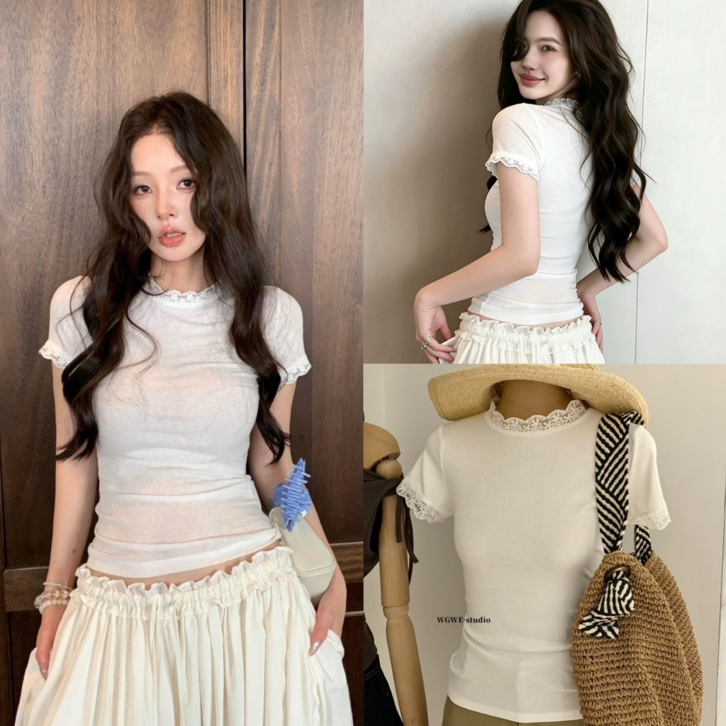 (พร้อมส่ง) เสื้อยืดคอกลมแขนสั้นแต่งขอบลูกไม้ - 9286 TAG WG WE 🇰🇷