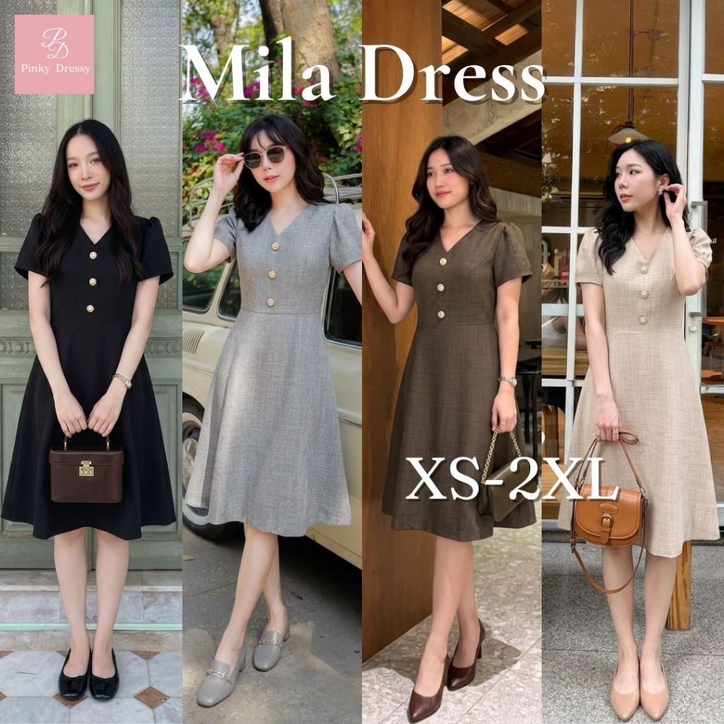 PNK047 Mila Dress✨ เดรสคอวี แขนสั้น กระดุมหน้า ผ้าทิ้งตัวสวย ใส่แล้วดูสุภาพ เรียบร้อย Pinky Dressy