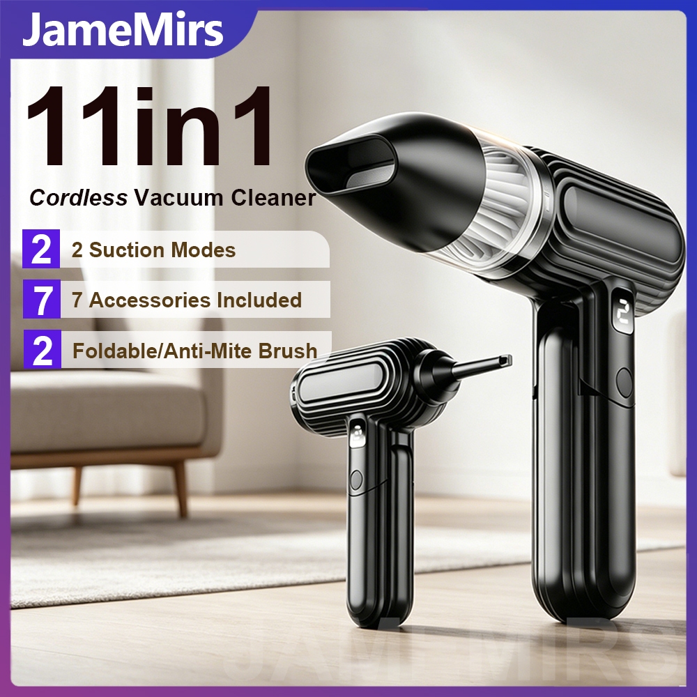 JameMirs 11in1เครื่องดูดฝุ่นไร้สาย การปรับเกียร์2 ที่ดูดฝุ่นในรถยนต์ LED ดูดฝุ่นมัลติฟังก์ชั่นพกพา ดูดฝุ่น/เป่าลม/พับได้